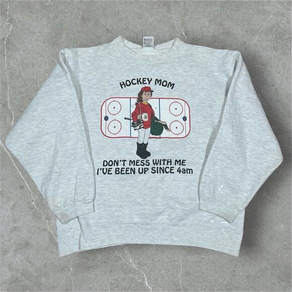 Vintage Hockey Mom 90s Retro Crewneck Heather Gray Paint Spatter Funny USA Made - Picture 1 of 11